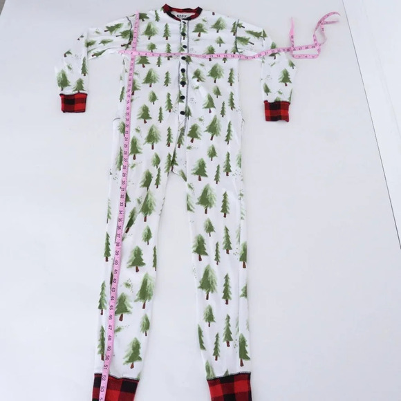 Lazy One White Green Red Pine Trees  w/ Back Flap Onezie Size Medium - Picture 2 of 16